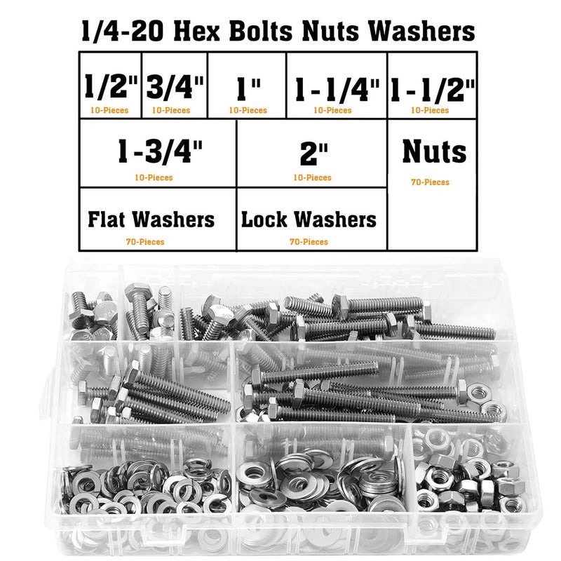 Sprite Science 280PCs 1/4-20 Hex Bolts Screws Hex Nuts Flat Washers Lock Washer Kit, Stainless Steel 304, Fully Threaded Hex Bolt 1/4-20 x 1/2" 3/4" 1" 1-1/4" 1-1/2" 1-3/4" 2" Length - Image 3